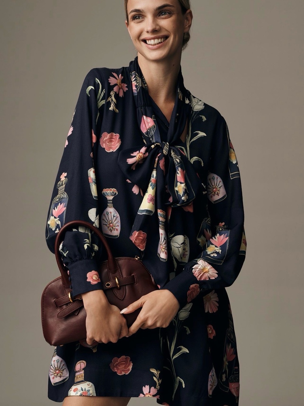 Anthropologie Maeve Floral Tie-Neck Long-Sleeve dress